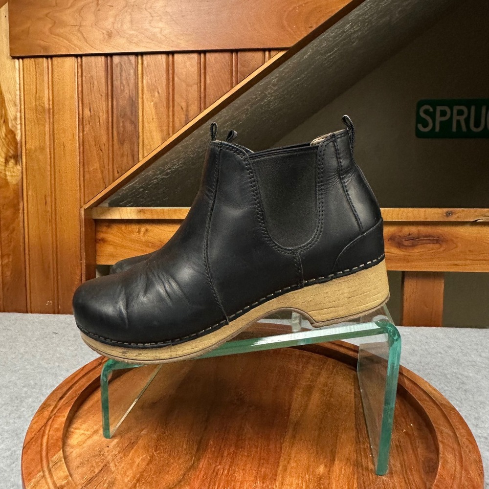 Dansko Black Leather Chelsea Ankle Boots Wood Grain Platform Wedge Womens 38 - Picture 7 of 15